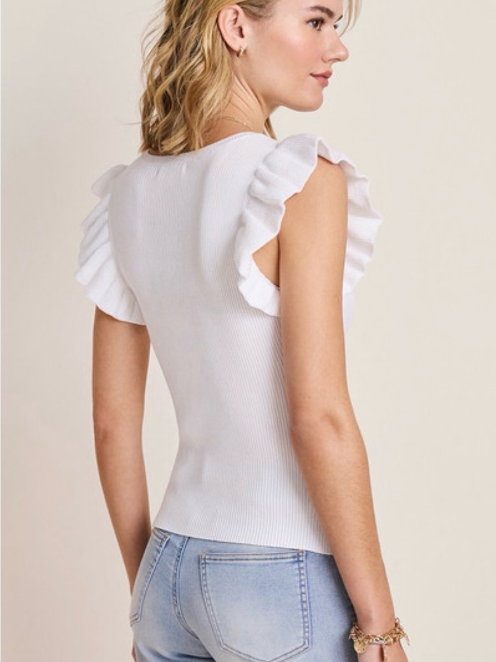 NWT-Alya White Ribbed Tank with Flutter Sleeves Sz Small